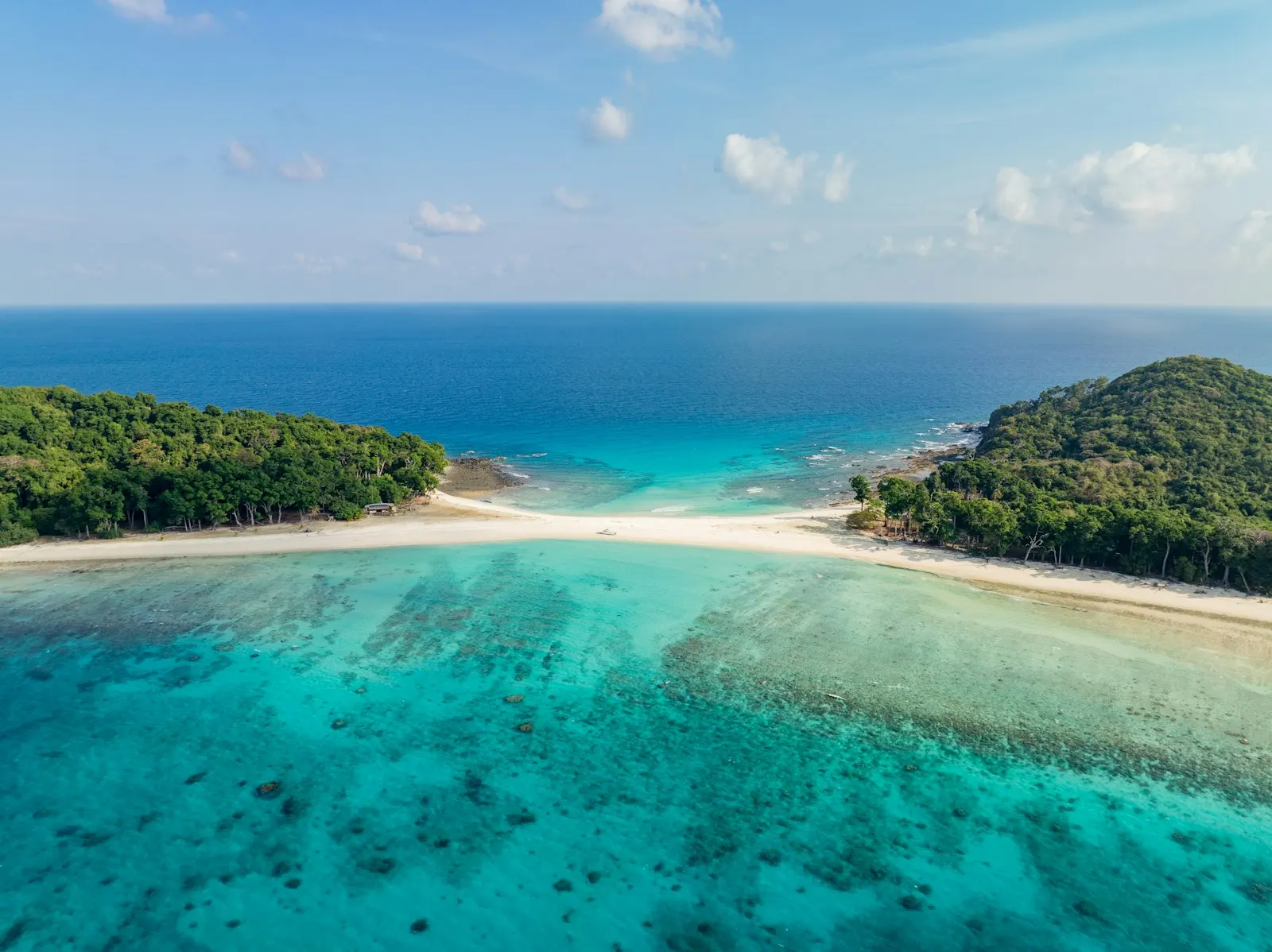 Aerial view of two islands connected by a white sandbar: Andaman and Nicobar holiday packages by OYG Holidays
