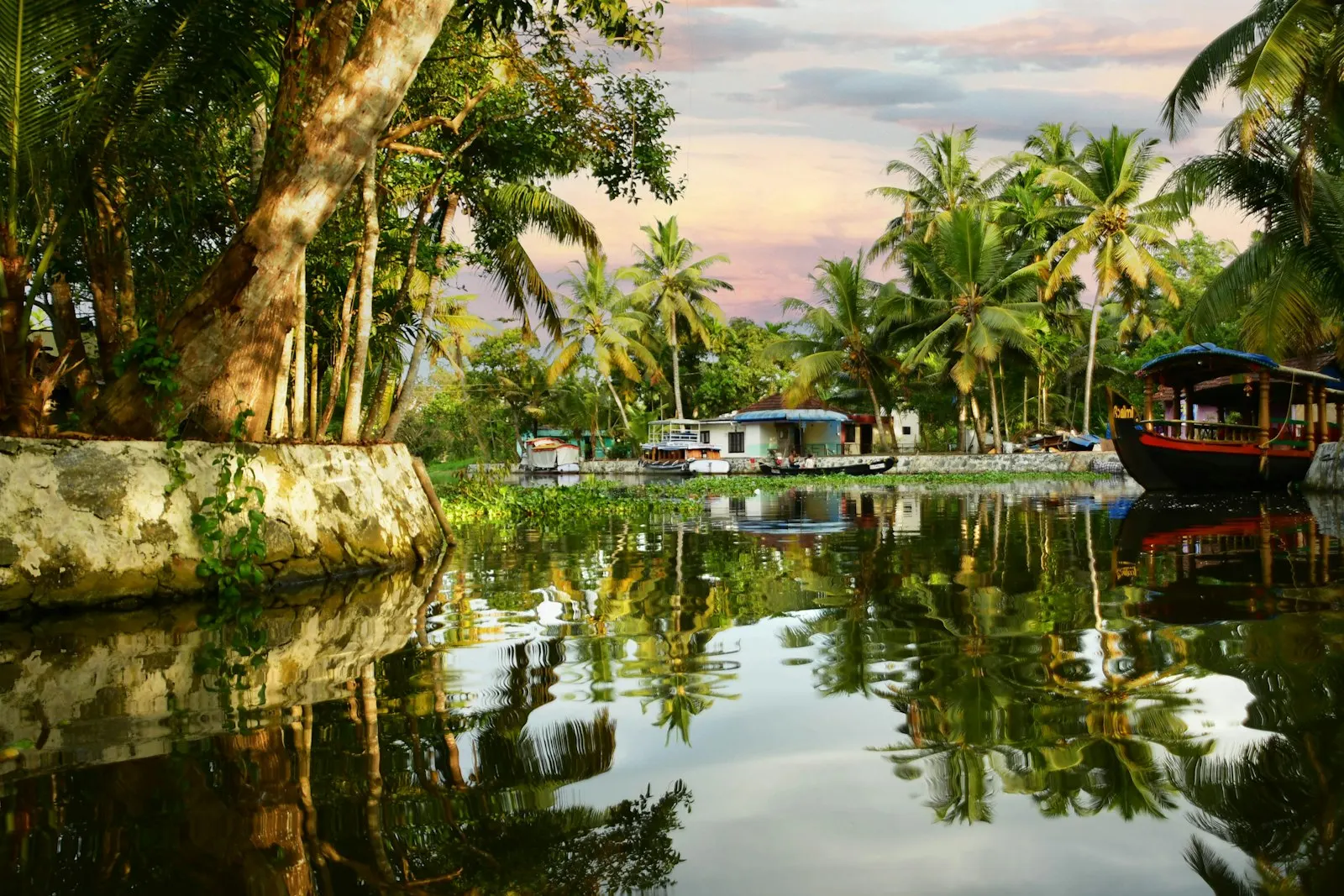 A river with boats and palm trees in the background: Kerala holiday packages by OYG Holidays